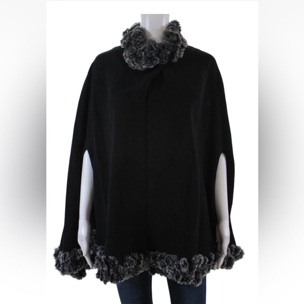 ♠️ Zuki Womens Single Button Rabbit Fur Trim 100% Cashmere Cape Coat Black OS